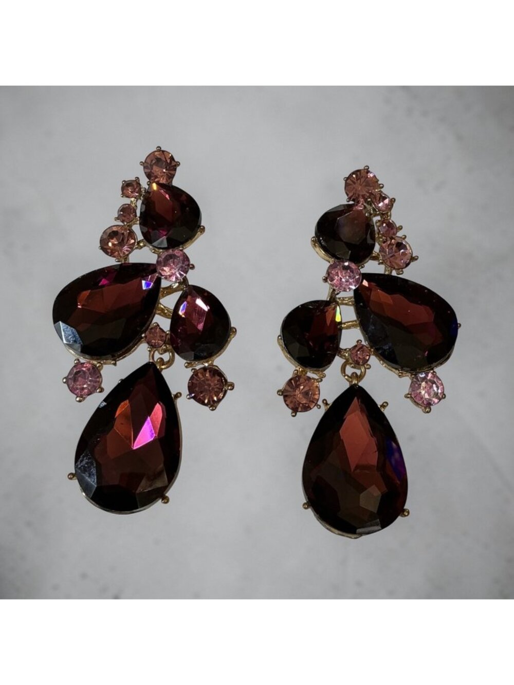 Large Elegant Rhinestone Drop Earrings With Burgundy & Pink Teardrop & Round Cry
